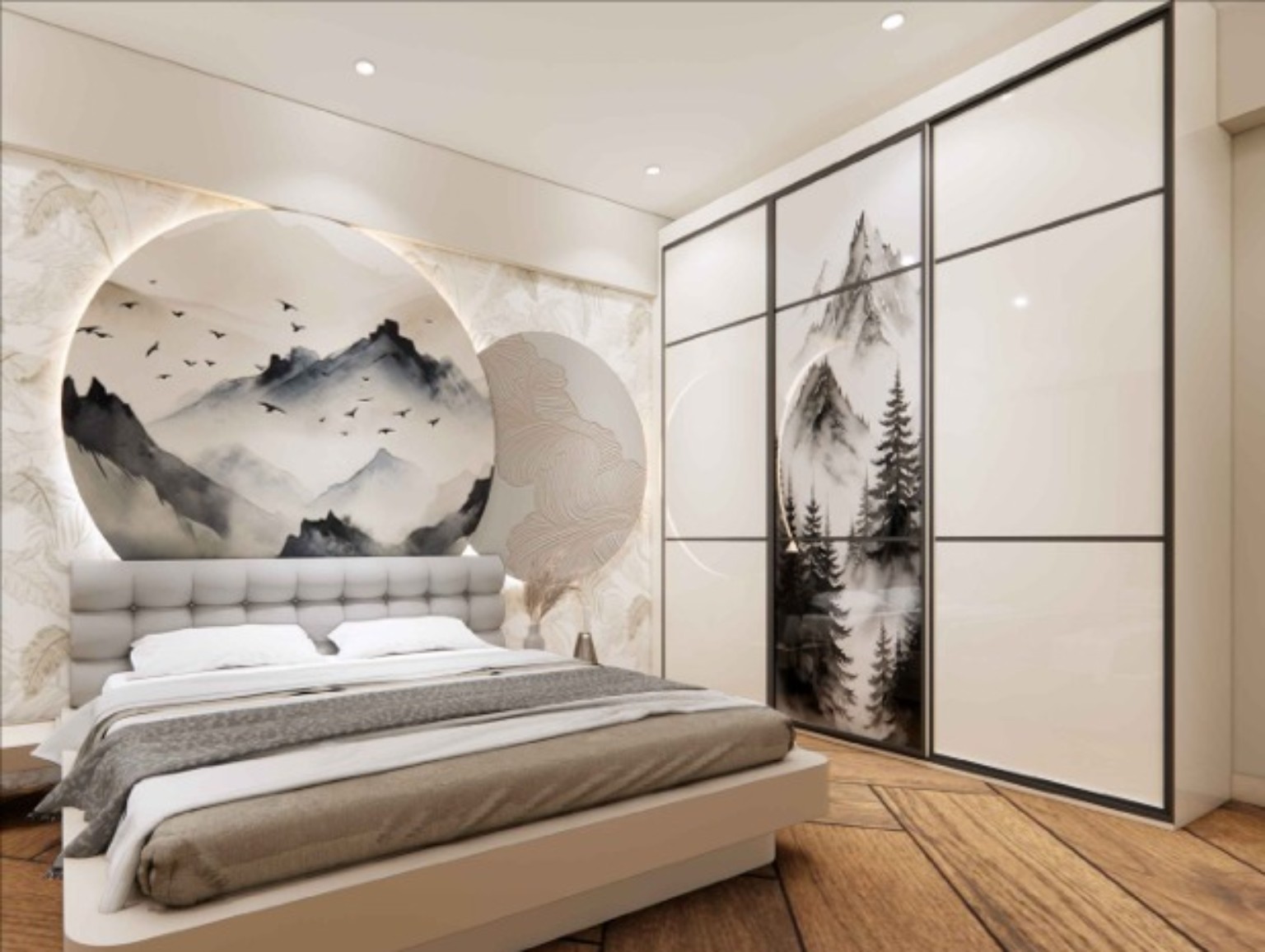 Printed sliding wardrobe with mountain artwork