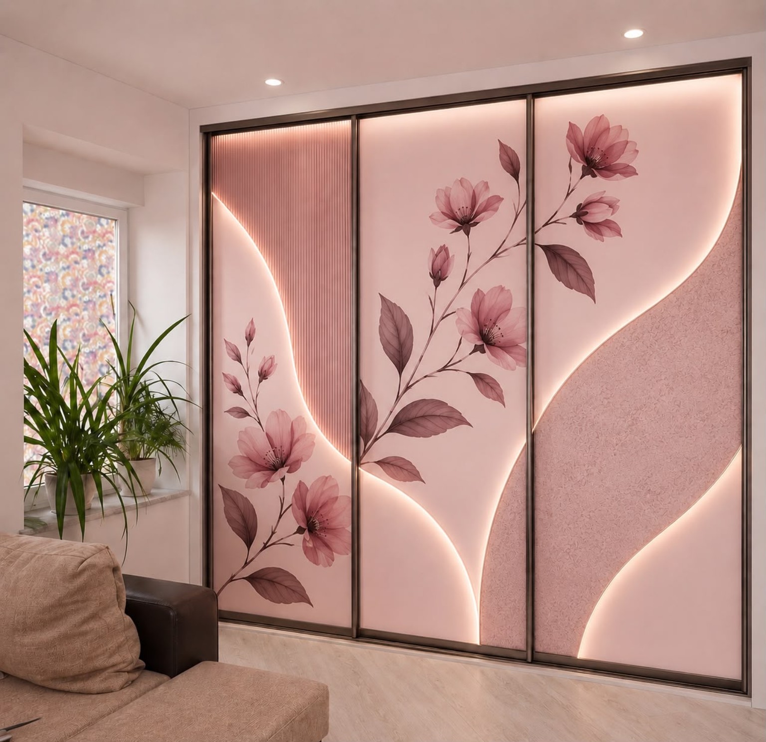 Elegant printed floral sliding wardrobe in a modern interior